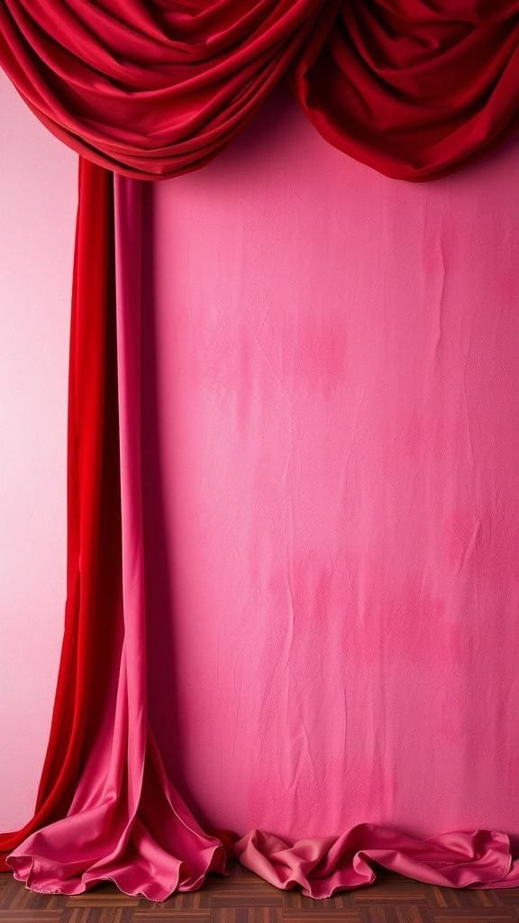 A backdrop with soft red and pink fabric draping, creating a romantic atmosphere