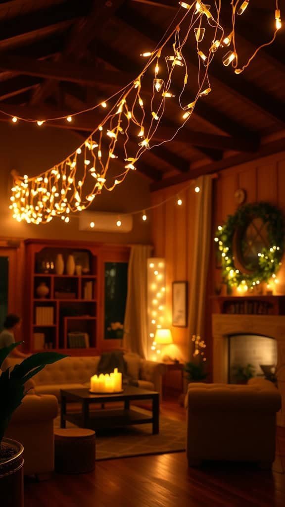 A cozy living room decorated with soft string lights and warm lighting.