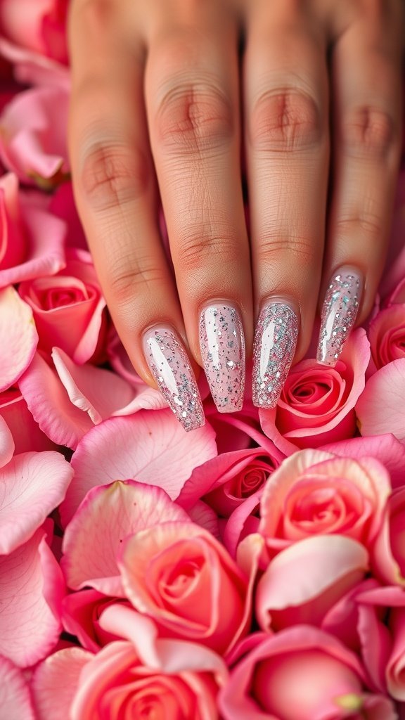 A hand with gorgeous silver and pink glitter nails resting on pink rose petals.