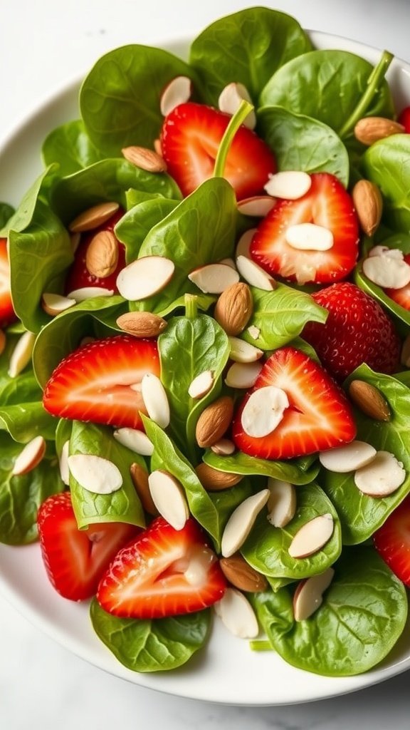 A vibrant spinach and strawberry salad topped with sliced almonds.