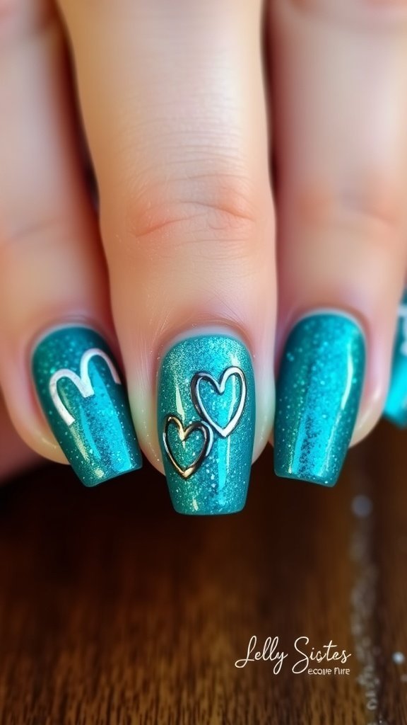 Stunning teal glitter nails with white heart designs