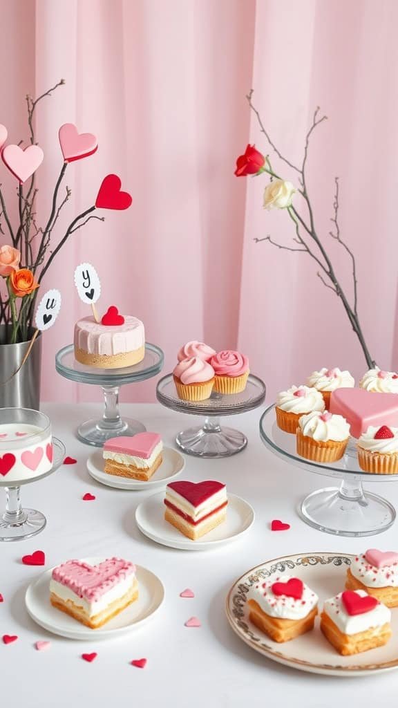 A display of Valentine's Day desserts including heart-shaped cakes and cupcakes on tables.