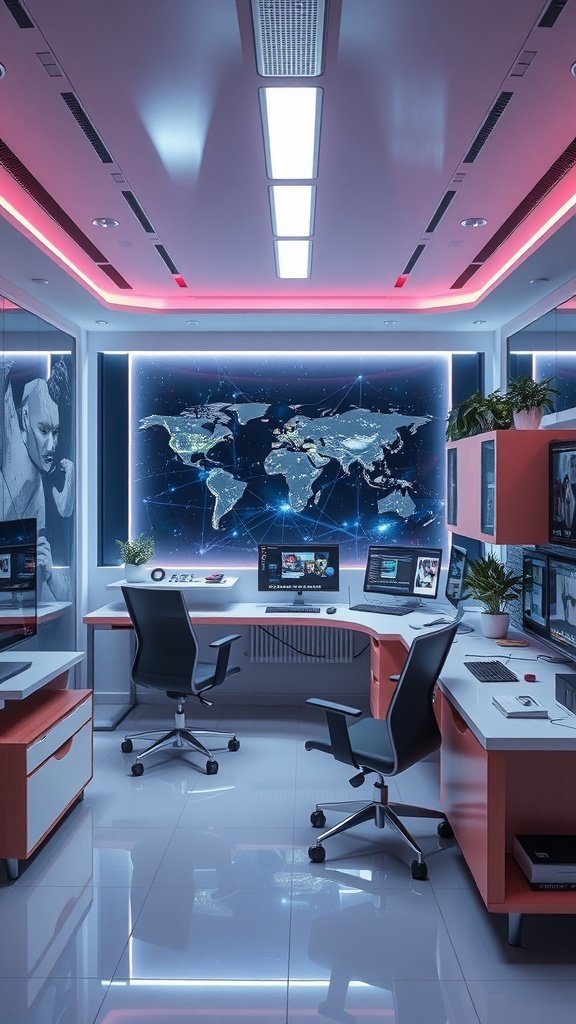 A modern tech-infused workspace featuring a world map, high-tech monitors, and vibrant red accents.