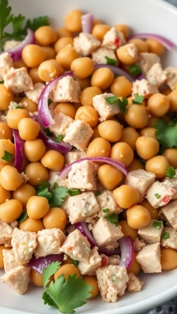 Bowl of Tuna Salad with Chickpeas, featuring chickpeas, tuna, red onions, and parsley.