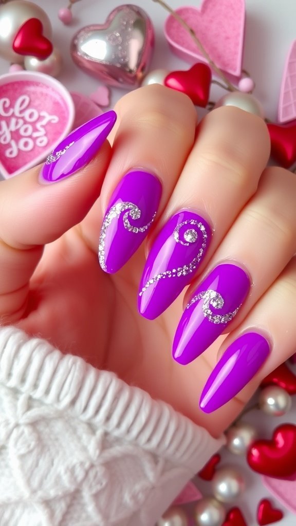Nail art with vibrant purple and silver swirls among heart decorations