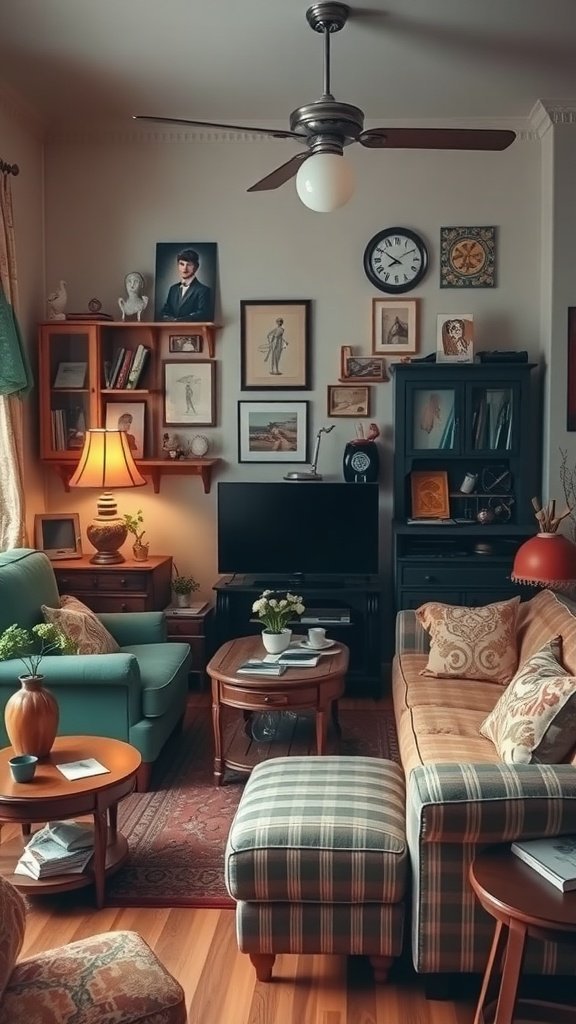 A cozy living room featuring vintage decor elements, including framed pictures, comfortable seating, and warm lighting.