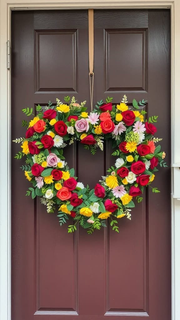 A heart-shaped wreath made of colorful flowers hanging on a brown door.