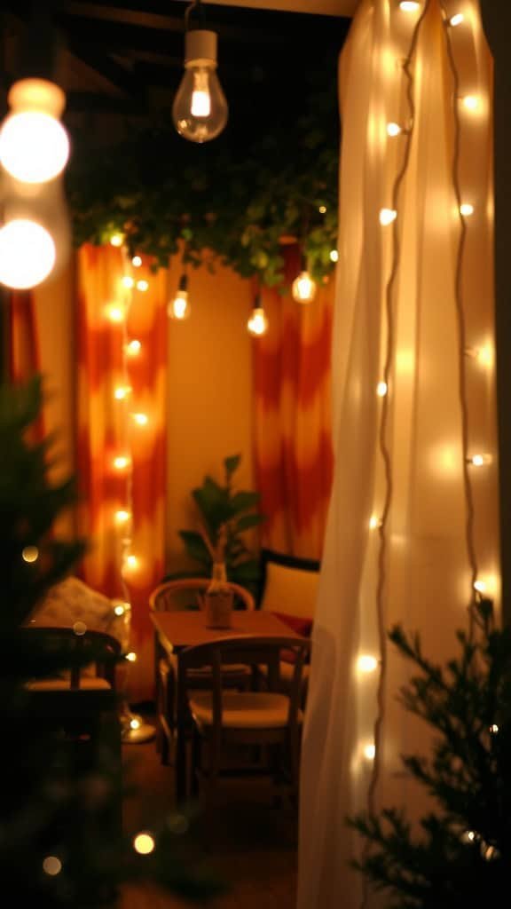 Cozy interior with string lights creating a warm atmosphere