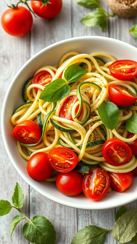 A bowl of zucchini noodle salad with cherry tomatoes and fresh herbs