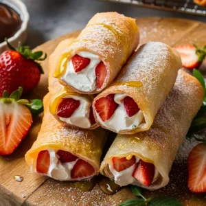 A crispy, creamy dessert spring roll filled with juicy strawberries and cream cheese, air-fried for a delicious treat!