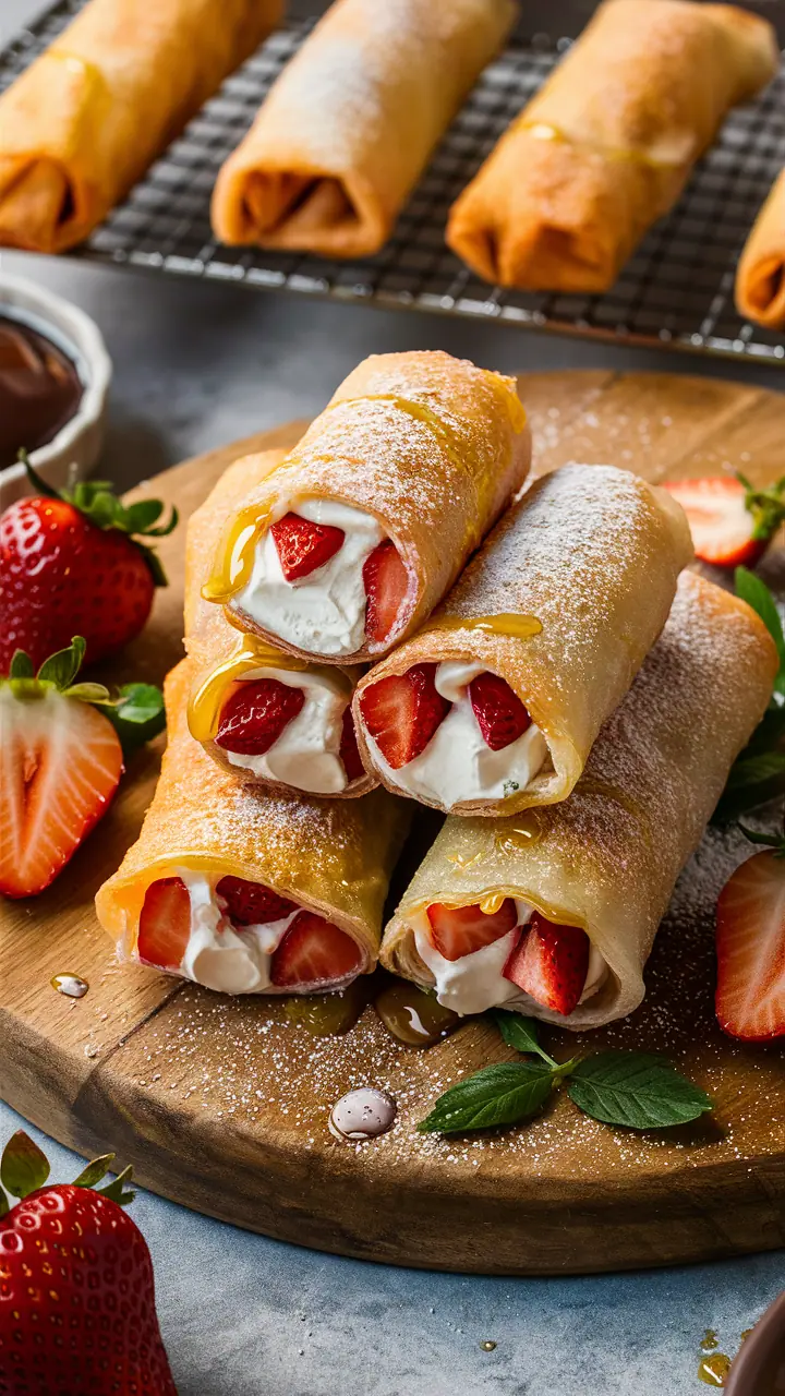A crispy, creamy dessert spring roll filled with juicy strawberries and cream cheese, air-fried for a delicious treat!
