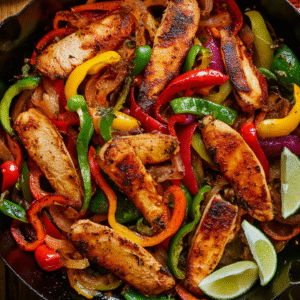Chicken fajitas with sautéed onions and bell peppers
