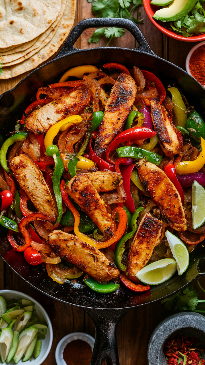 Chicken fajitas with sautéed onions and bell peppers