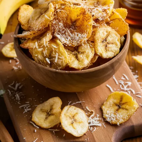 A light, crispy banana chip recipe with coconut flakes and cinnamon, made easy in the air fryer for a healthy snack!