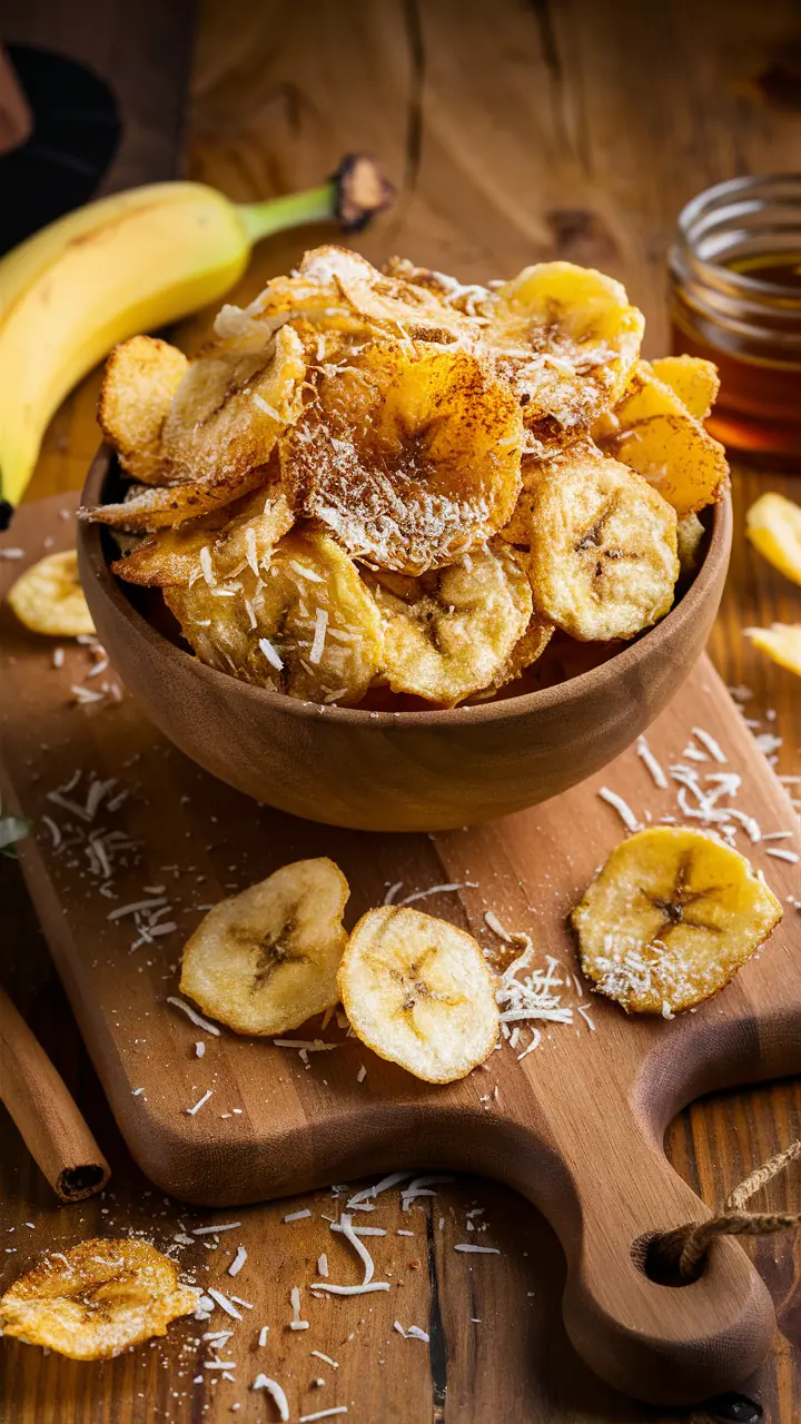 A light, crispy banana chip recipe with coconut flakes and cinnamon, made easy in the air fryer for a healthy snack!