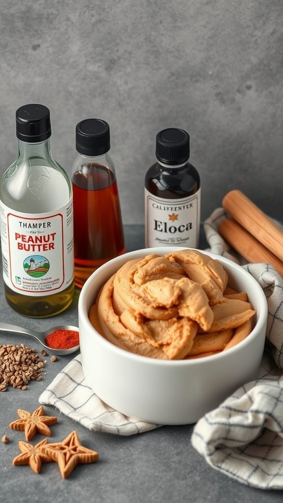 A bowl of peanut butter surrounded by flavor extracts and spices for baking cookies.