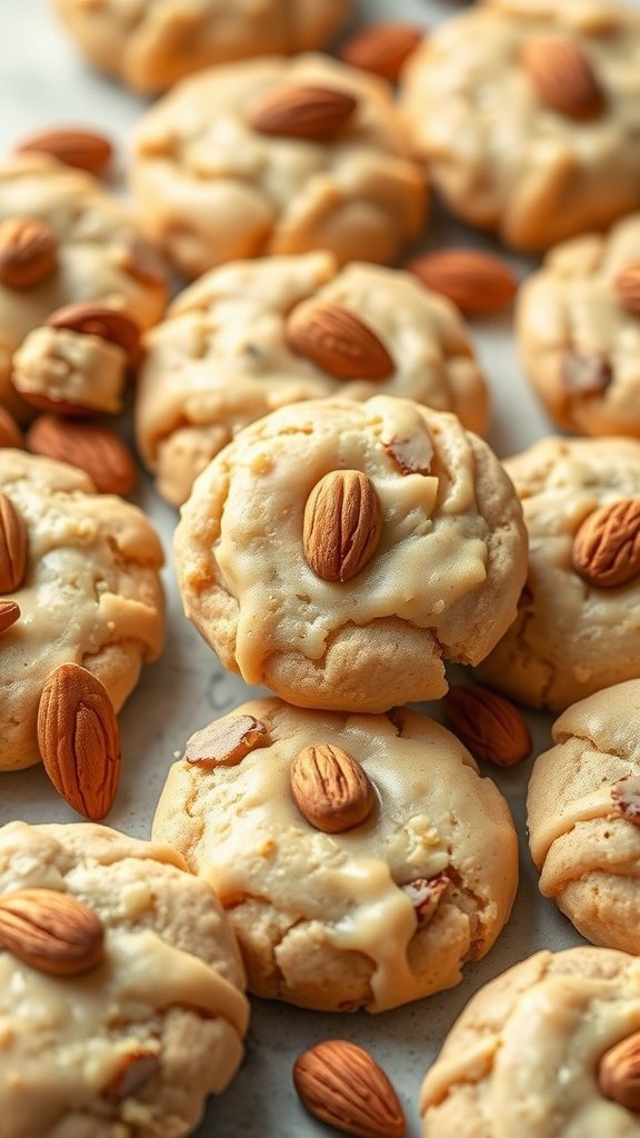 A close-up of Almond Butter No Bake Cookies, showing a cluster of cookies topped with whole almonds.
