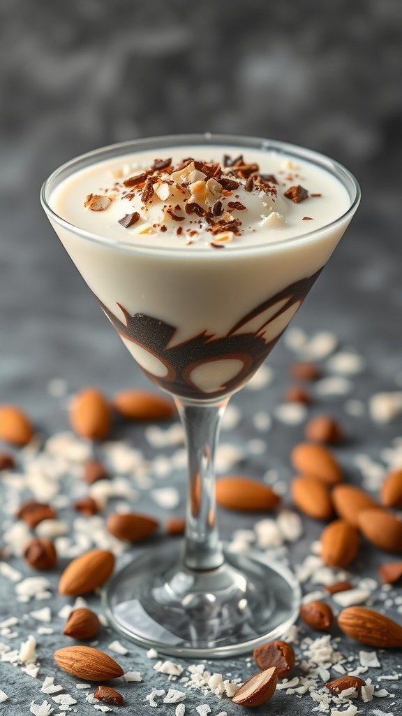 A beautifully crafted Almond Joy Cocktail in a glass, garnished with chopped almonds and surrounded by almonds and coconut flakes.