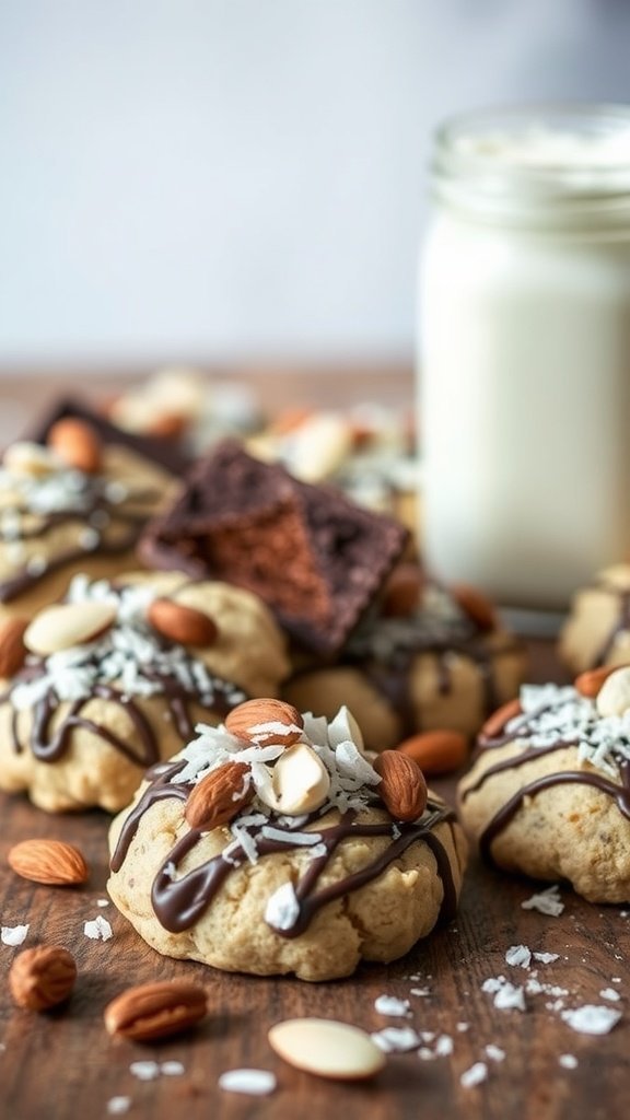 Almond Joy No Bake Cookies with almonds, chocolate drizzle, and a glass of milk