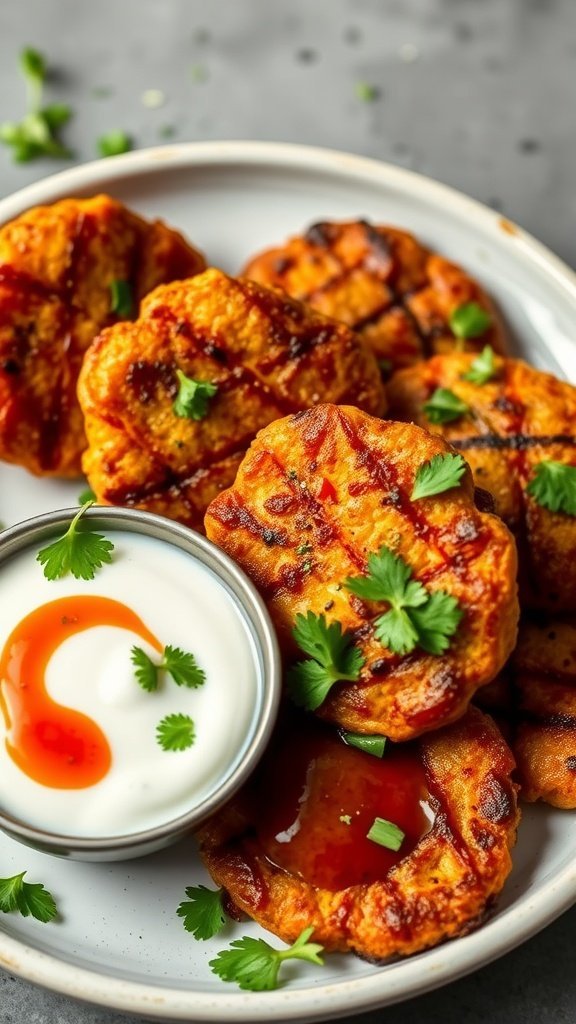Aloo Tikki served with yogurt and chutney on a plate, garnished with coriander.