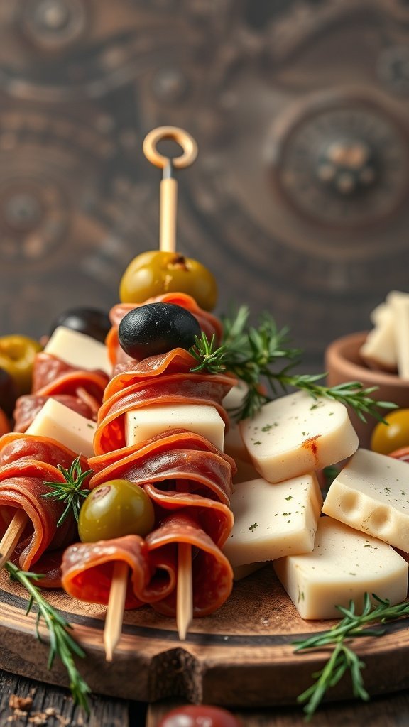 A platter of antipasto skewers with olives, salami, and cheese cubes.