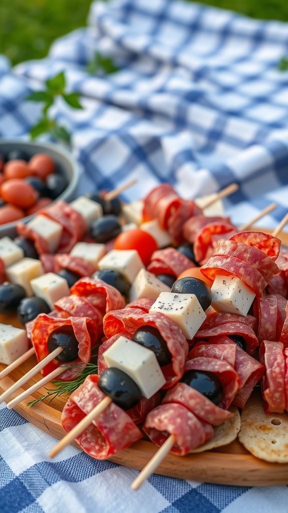 A platter of antipasto skewers with salami, cheese, olives, and cherry tomatoes on a checkered picnic blanket.