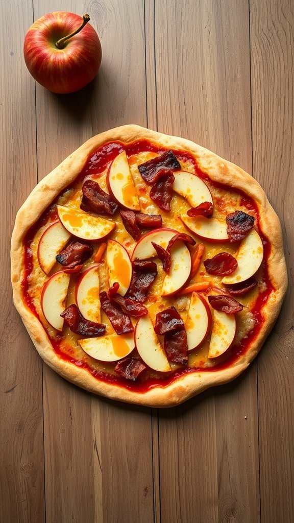 A pizza topped with slices of apple and crispy bacon on a wooden table, next to a fresh apple.