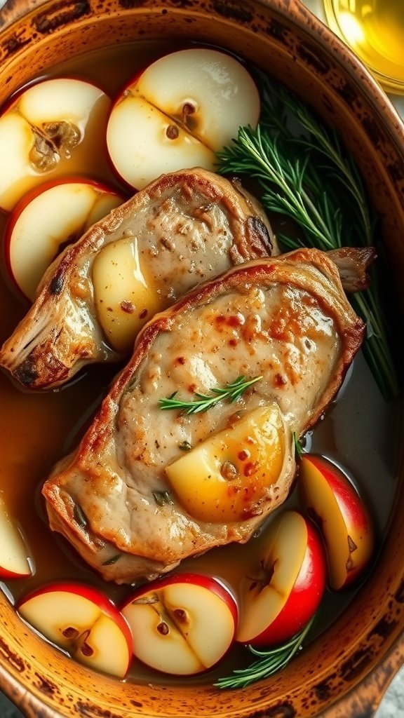 Braised pork chops with apple slices and rosemary in a pot
