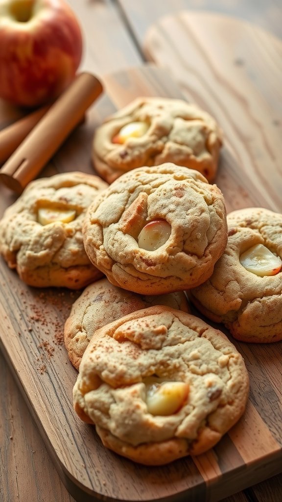 A close-up of freshly baked apple cinnamon cookies on a wooden platter, with an apple and cinnamon sticks in the background.