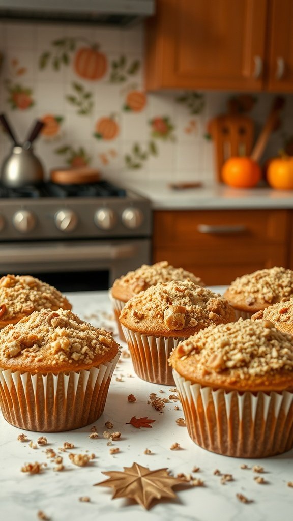 Image of apple cinnamon muffins with streusel topping in a cozy kitchen setting.