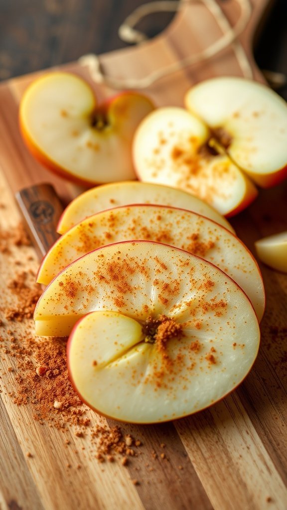 Sliced apples sprinkled with cinnamon on a wooden cutting board