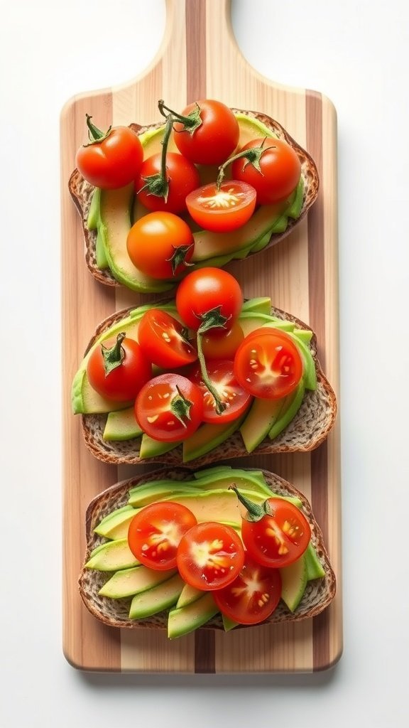 Three slices of avocado toast topped with cherry tomatoes, placed on a wooden cutting board.