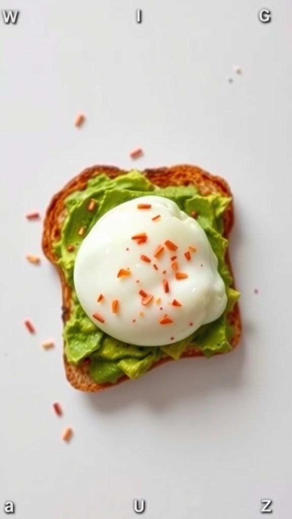 Avocado toast topped with a poached egg and chili flakes