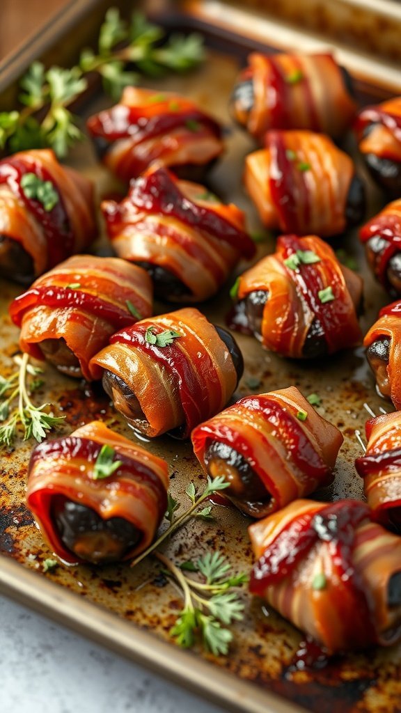 A tray of bacon-wrapped dates, beautifully arranged, garnished with herbs.