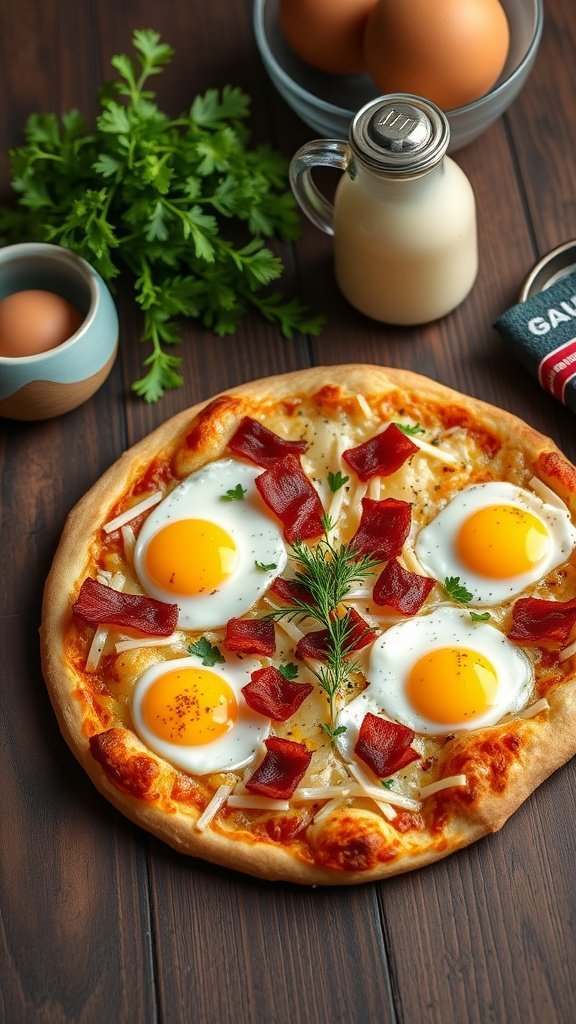 A delicious Bacon and Egg Breakfast Pizza topped with crispy bacon and sunny-side-up eggs.