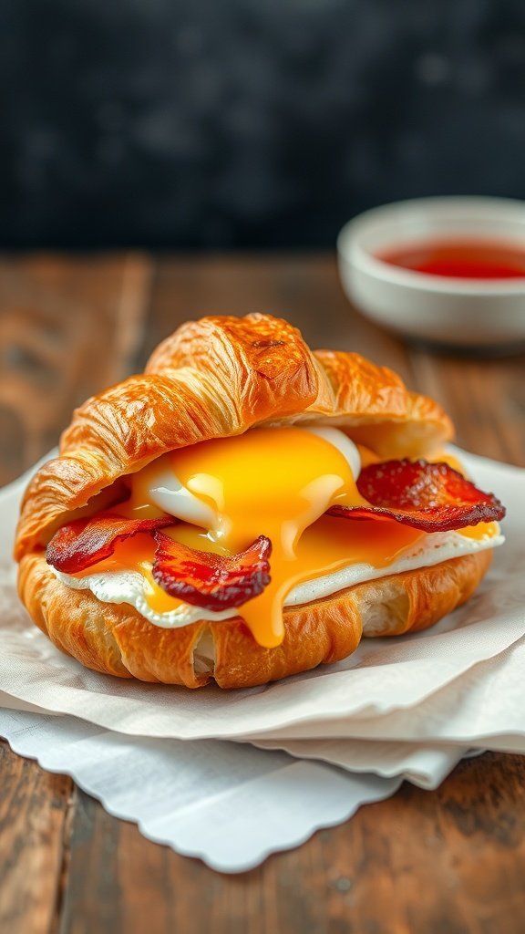 A bacon, egg, and cheese croissant with a runny yolk