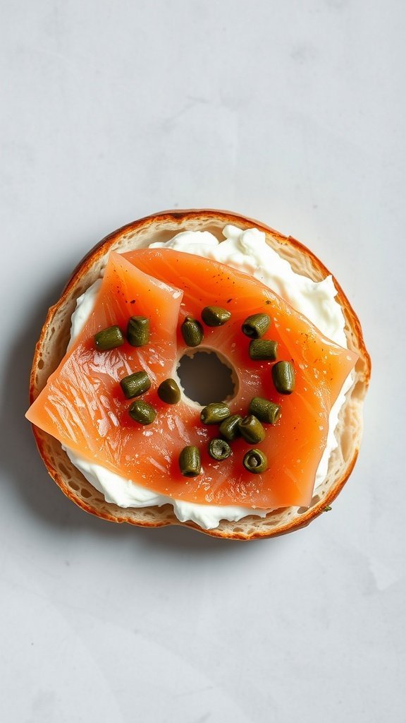 A toasted bagel spread with cream cheese and topped with smoked salmon and capers.