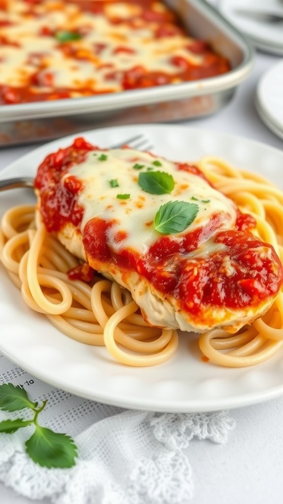 Plated baked chicken parmesan with marinara sauce and spaghetti, garnished with fresh basil.