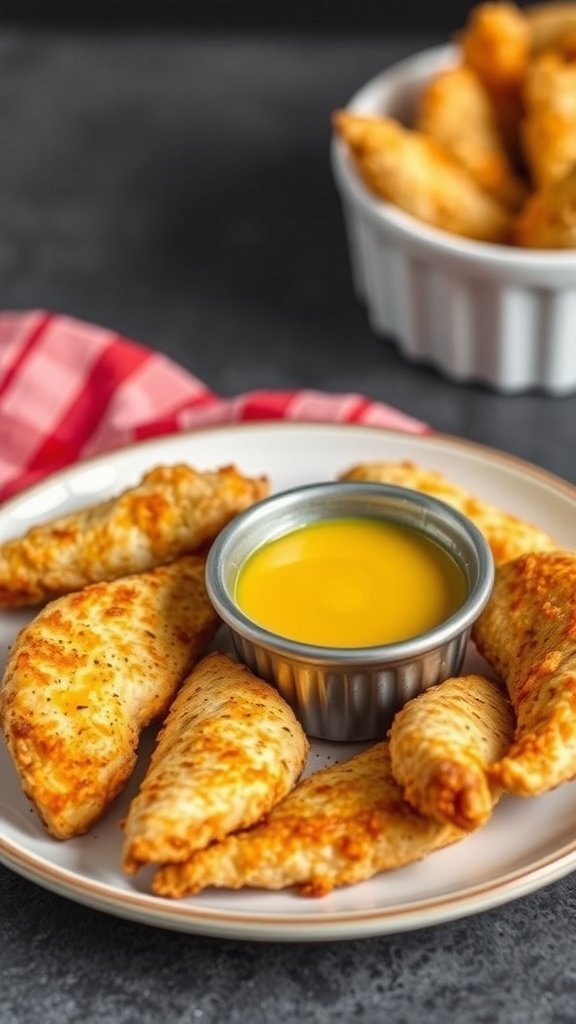 A plate of baked chicken tenders served with honey mustard dip.