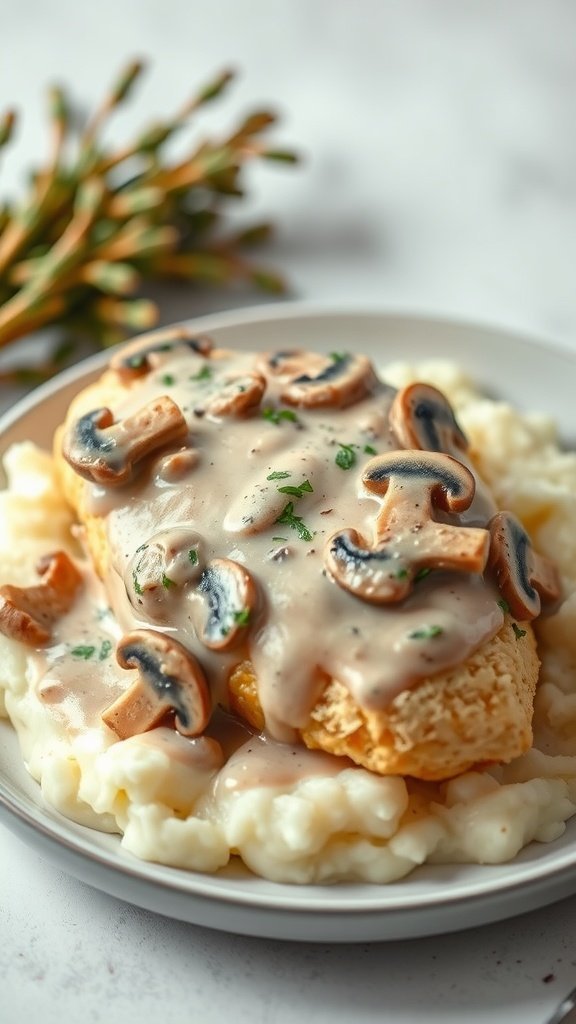 Baked chicken with creamy mushroom sauce served over mashed potatoes, garnished with parsley