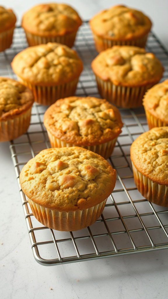 Golden baked muffins with a slightly crisp top cooling on a rack.