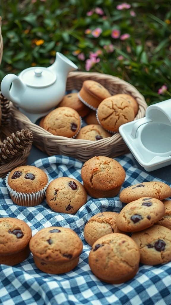 An assortment of baked goods, including muffins, in a picnic setting with a white teapot and flowers in the background.