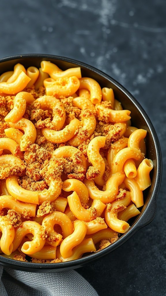 A bowl of baked macaroni and cheese topped with breadcrumbs.