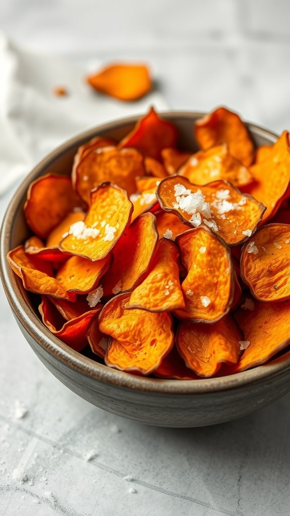 A bowl of baked sweet potato chips sprinkled with salt.