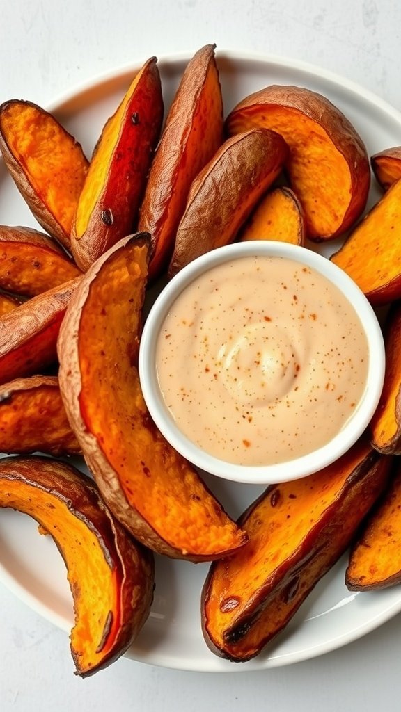 A plate of baked sweet potato wedges served with a creamy dipping sauce.