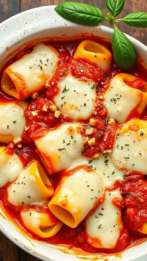 A dish of baked tortellini topped with marinara sauce and melted mozzarella cheese, garnished with fresh basil.