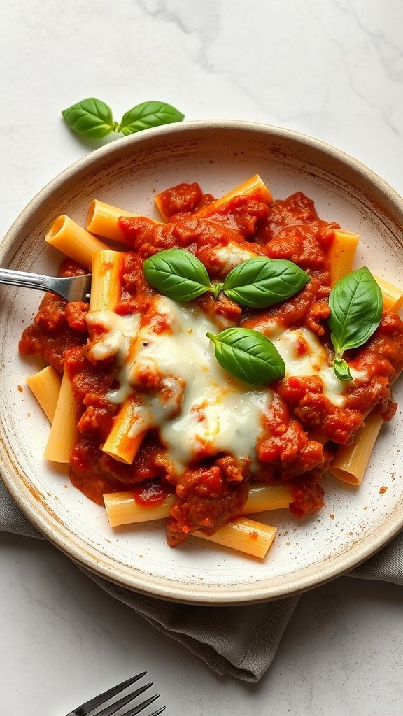 A plate of baked ziti topped with meat sauce and melted cheese, garnished with fresh basil leaves.