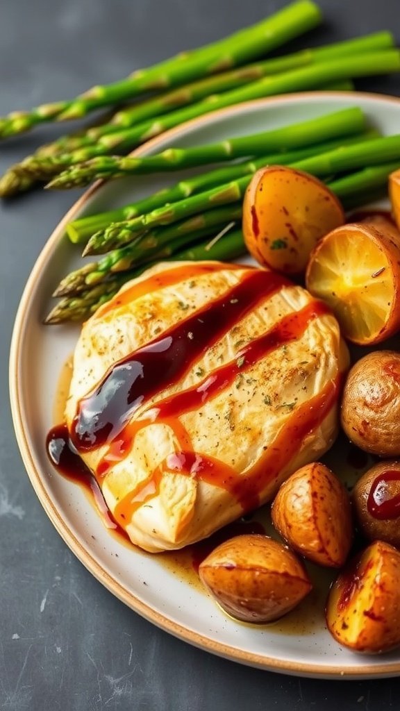 Baked chicken with balsamic glaze served with roasted potatoes and asparagus.