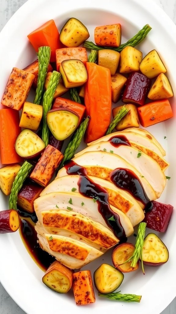 A plated dish of balsamic glazed chicken breast with assorted roasted vegetables