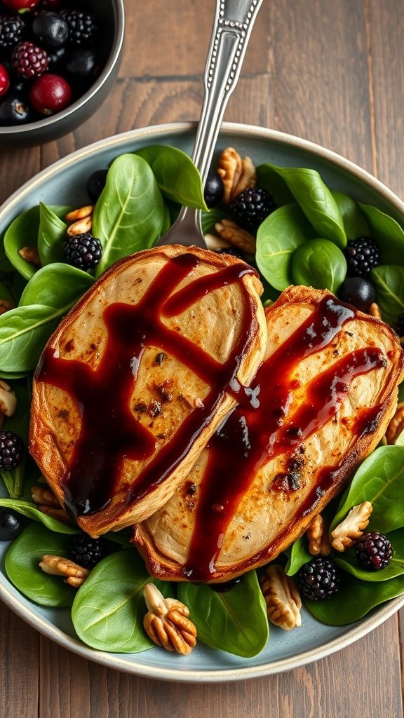 Balsamic glazed pork chops served on a bed of spinach with berries and nuts.